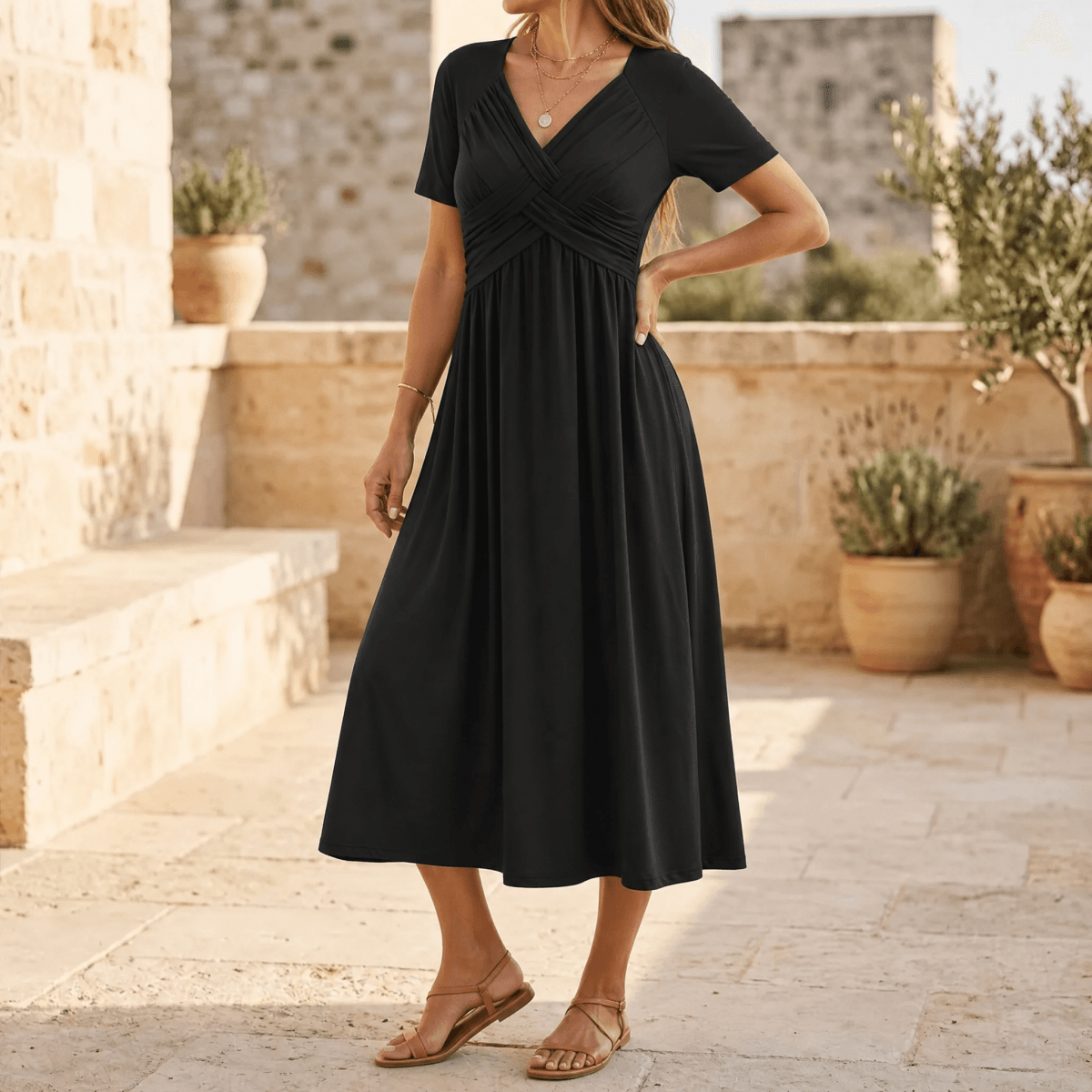 Selvine | Ruched Empire Crossover Midi Dress
