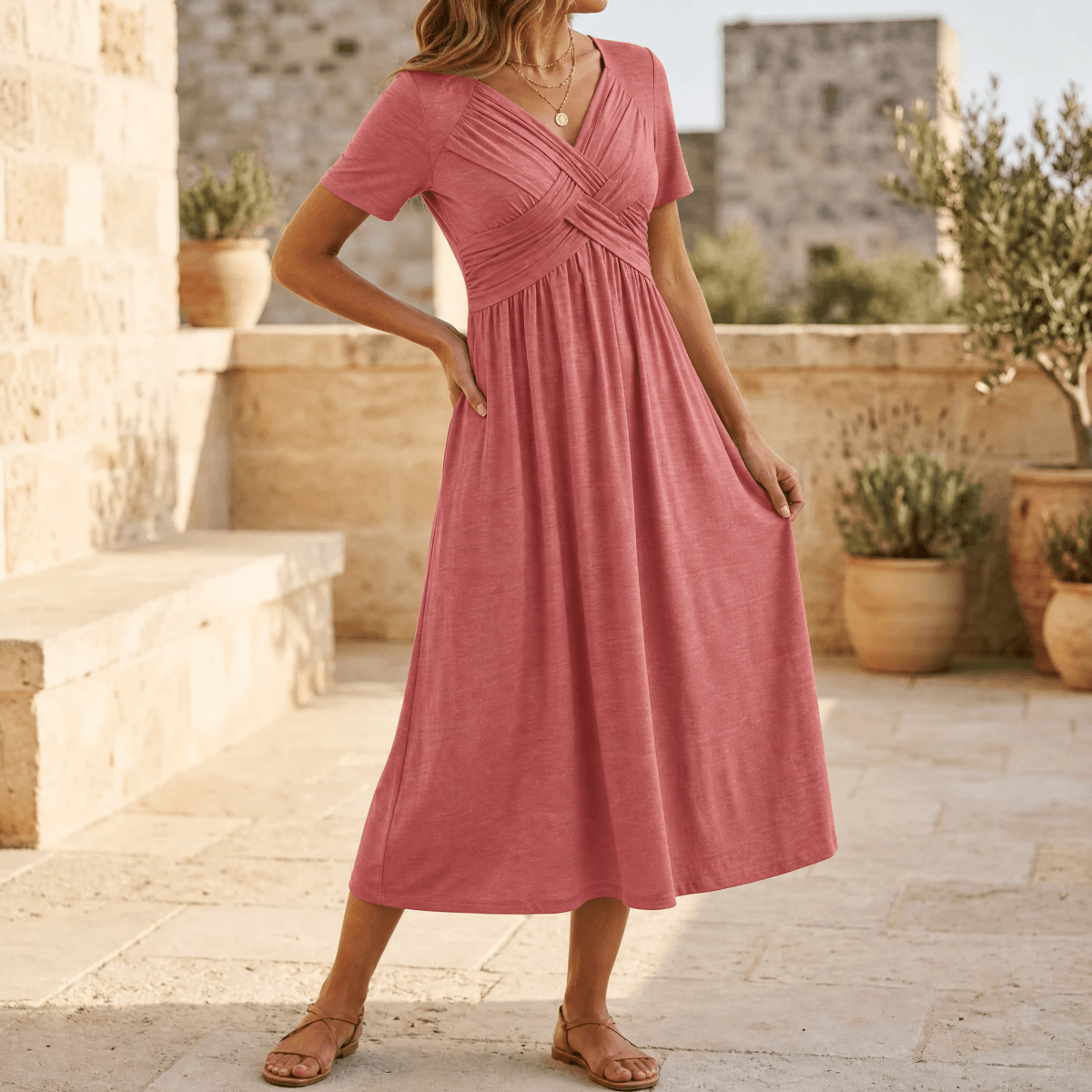 Selvine | Ruched Empire Crossover Midi Dress