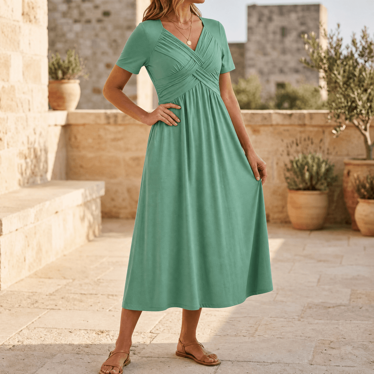 Selvine | Ruched Empire Crossover Midi Dress