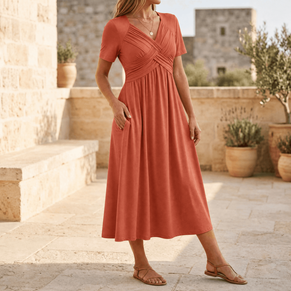 Selvine | Ruched Empire Crossover Midi Dress