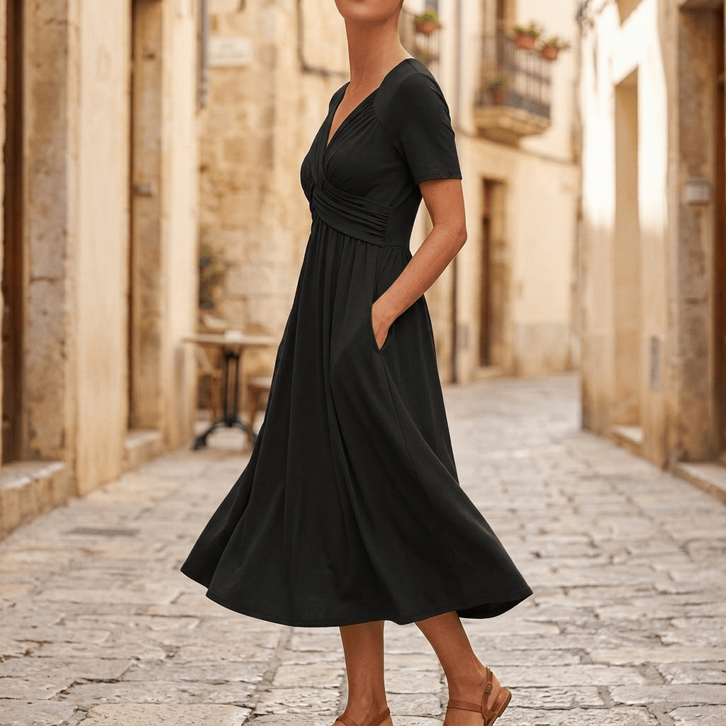Selvine | Ruched Empire Crossover Midi Dress