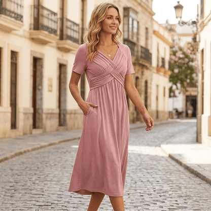 Selvine | Ruched Empire Crossover Midi Dress