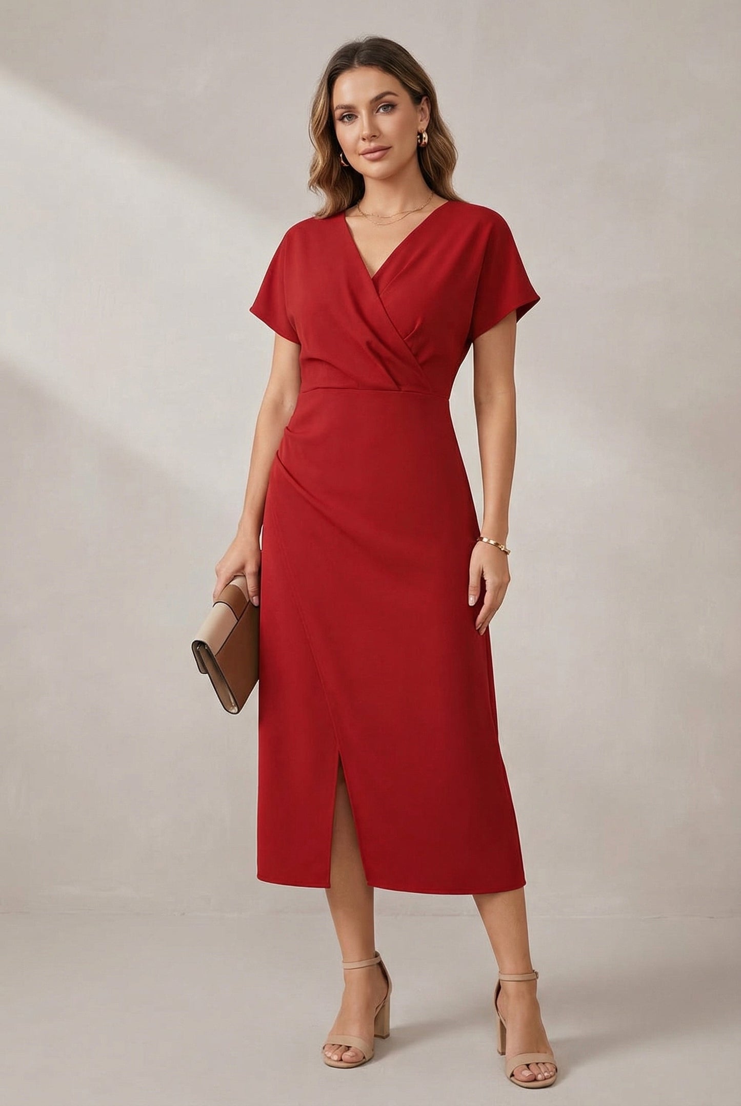 Side Slit Faux Wrap Midi Dress with Short Sleeves