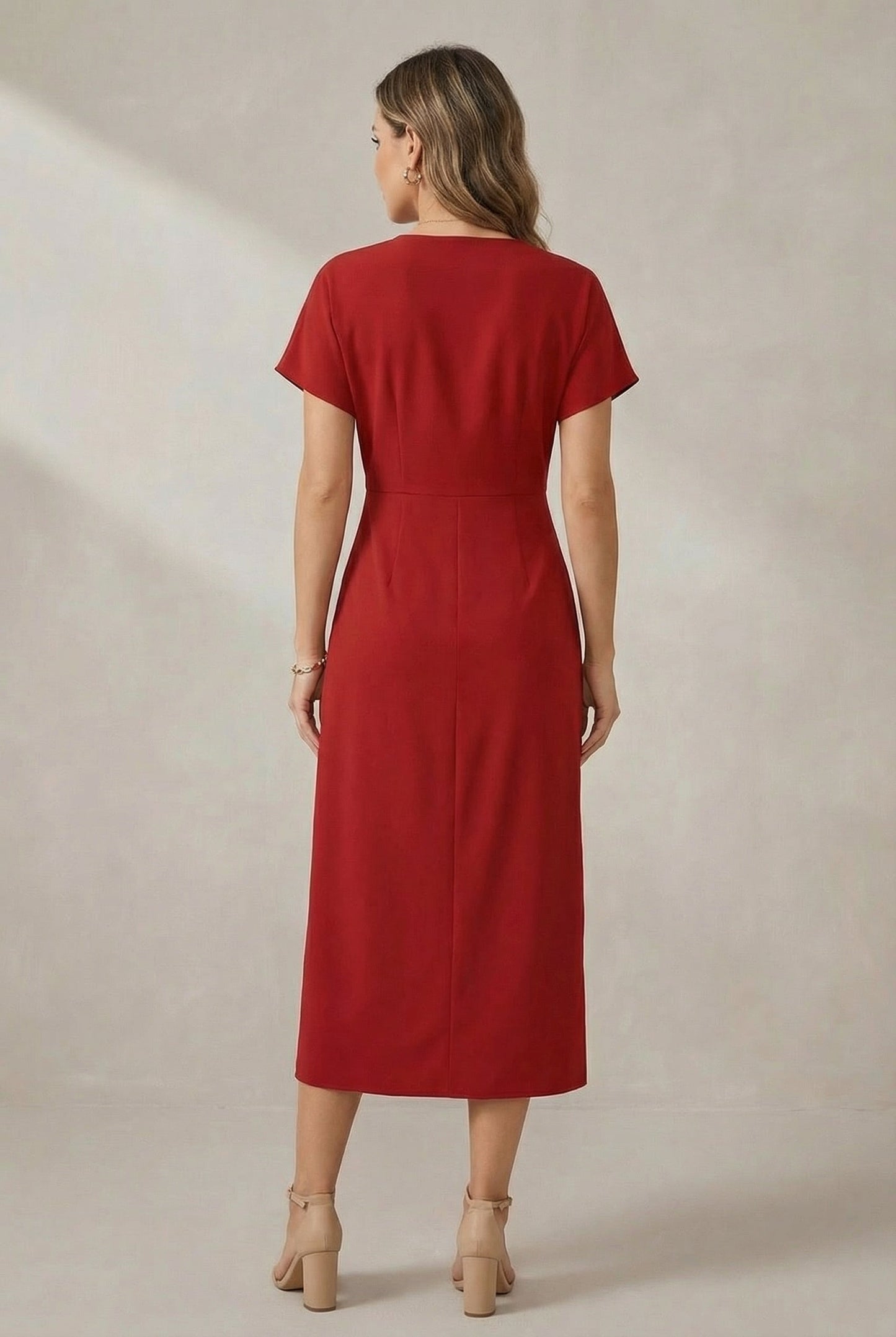 Side Slit Faux Wrap Midi Dress with Short Sleeves