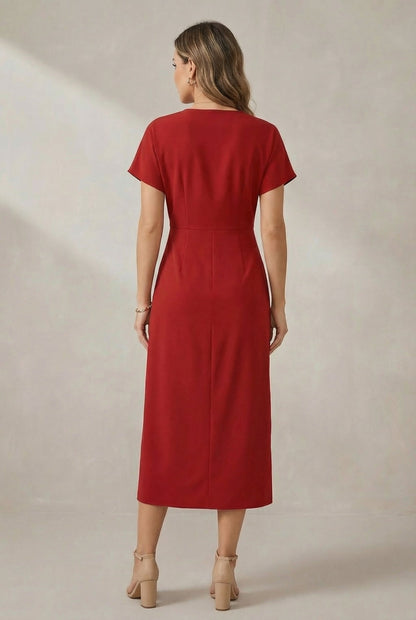 Side Slit Faux Wrap Midi Dress with Short Sleeves