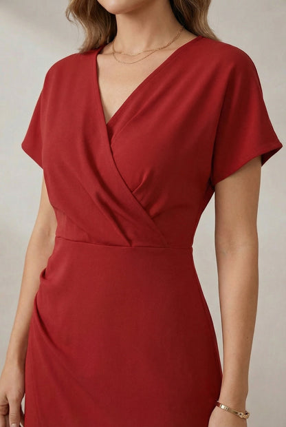 Side Slit Faux Wrap Midi Dress with Short Sleeves