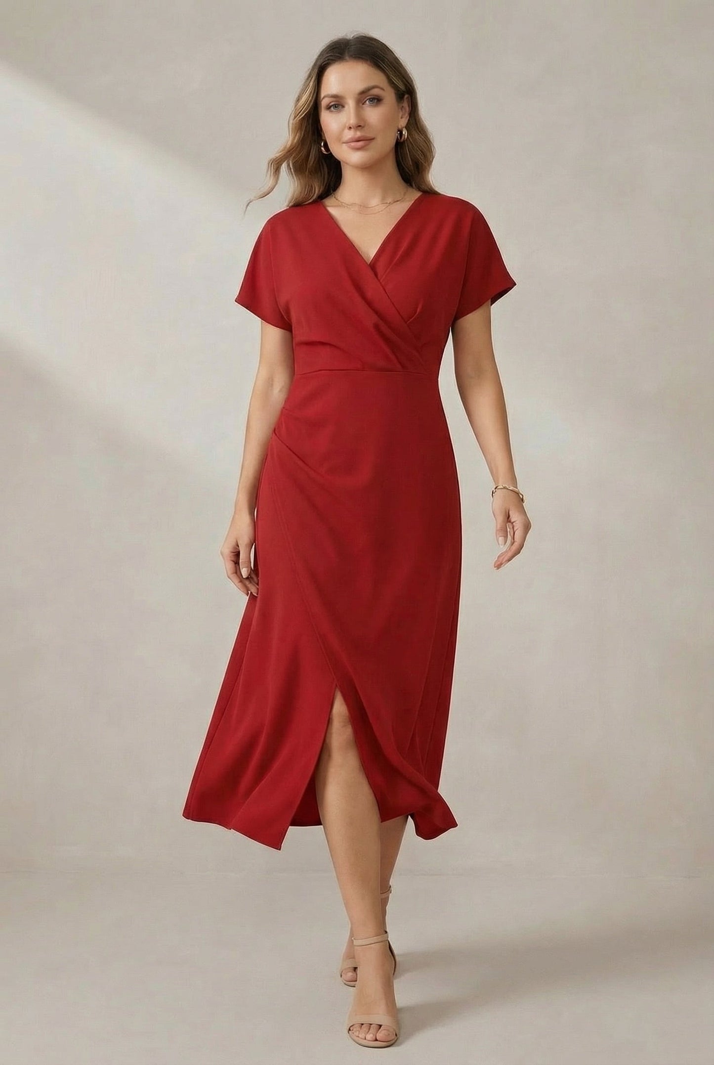Side Slit Faux Wrap Midi Dress with Short Sleeves
