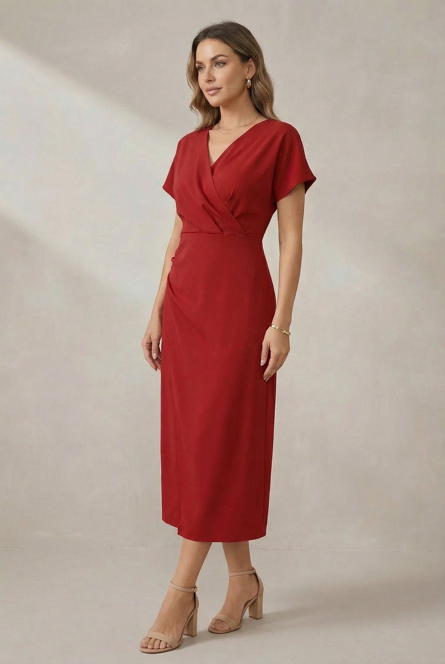 Side Slit Faux Wrap Midi Dress with Short Sleeves