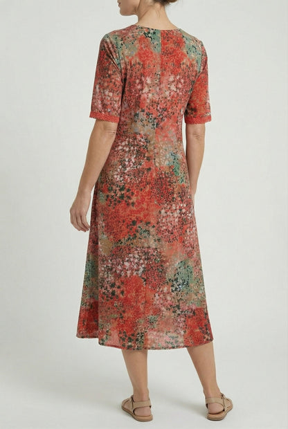 Relaxed Floral Print Midi Dress with Pockets — Short Sleeve