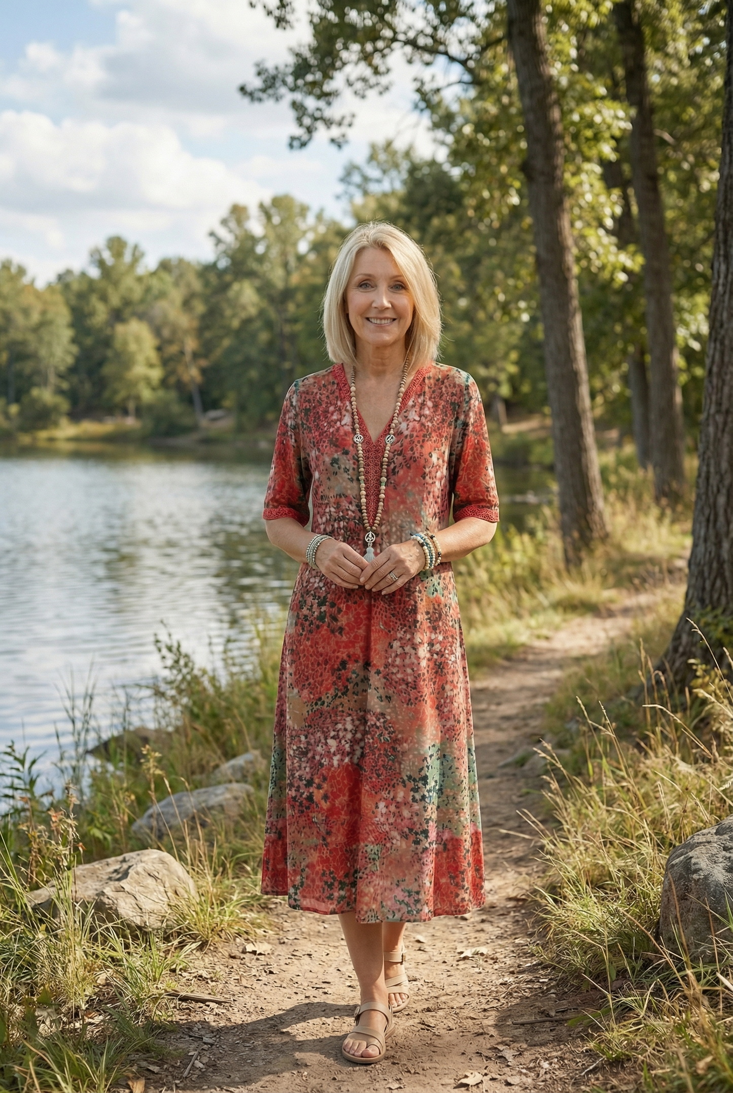 Relaxed Floral Print Midi Dress with Pockets — Short Sleeve