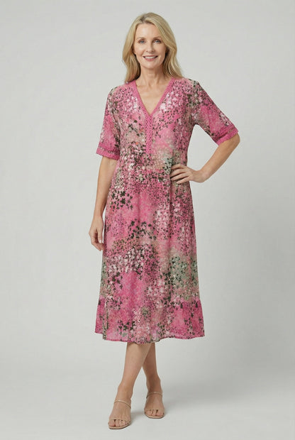 Relaxed Floral Print Midi Dress with Pockets — Short Sleeve