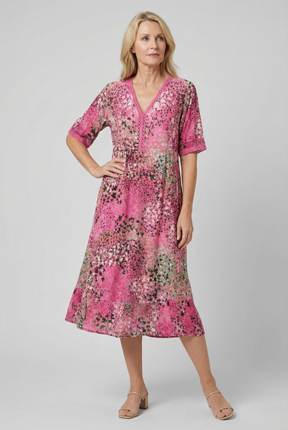 Relaxed Floral Print Midi Dress with Pockets — Short Sleeve