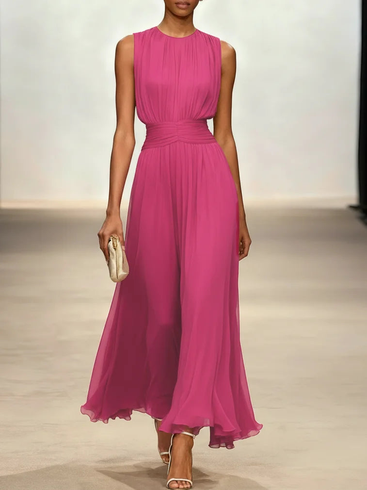 Ruched Chiffon A-Line Maxi Dress — Sleeveless Special Occasion Style