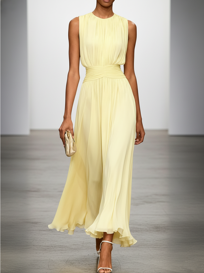Ruched Chiffon A-Line Maxi Dress — Sleeveless Special Occasion Style