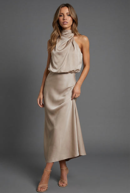 Halterneck Draped Satin Midi Dress — Sleeveless