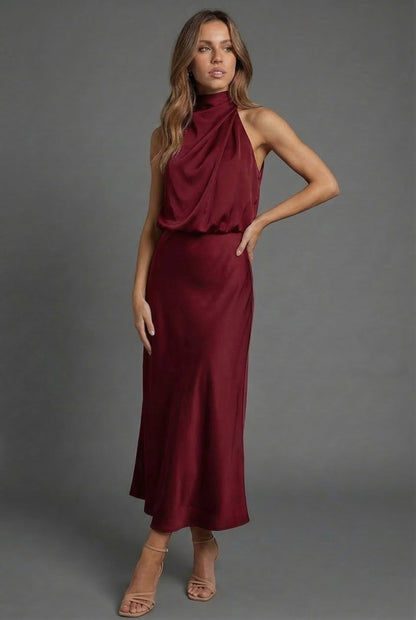 Halterneck Draped Satin Midi Dress — Sleeveless