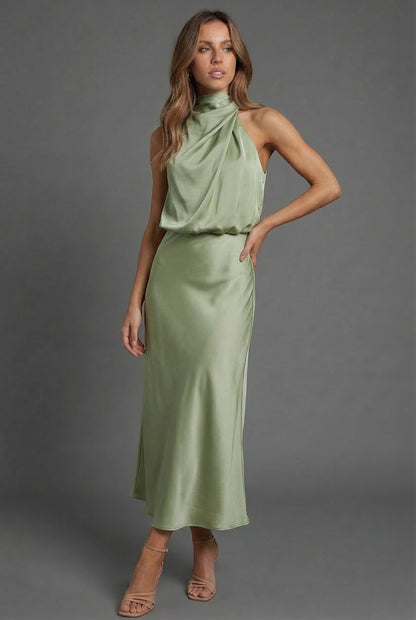 Halterneck Draped Satin Midi Dress — Sleeveless
