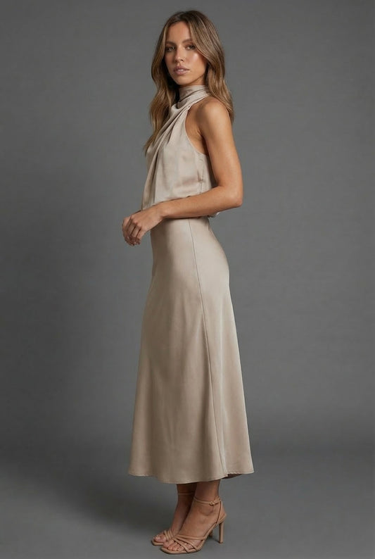 Halterneck Draped Satin Midi Dress — Sleeveless