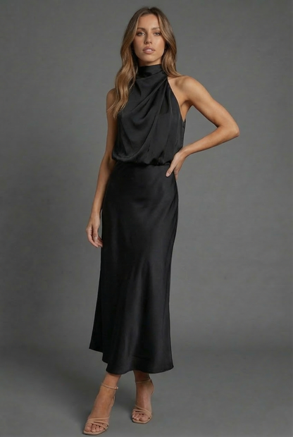 Halterneck Draped Satin Midi Dress — Sleeveless