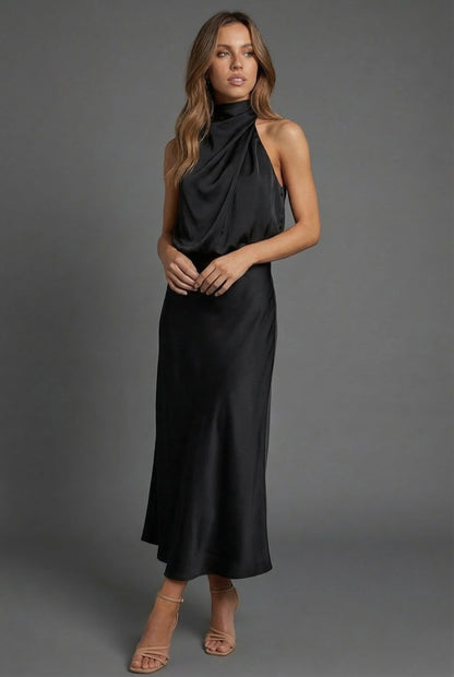 Halterneck Draped Satin Midi Dress — Sleeveless