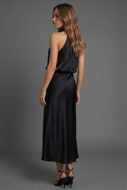 Halterneck Draped Satin Midi Dress — Sleeveless