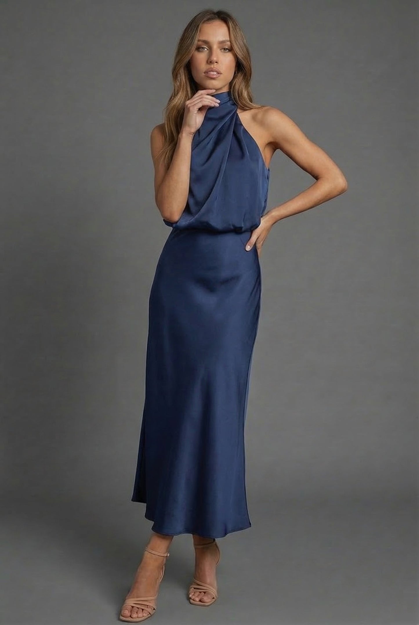 Halterneck Draped Satin Midi Dress — Sleeveless