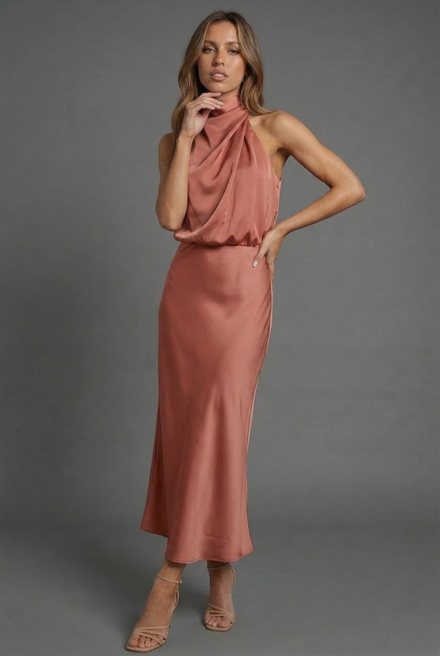 Halterneck Draped Satin Midi Dress — Sleeveless