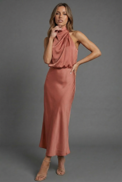 Halterneck Draped Satin Midi Dress — Sleeveless