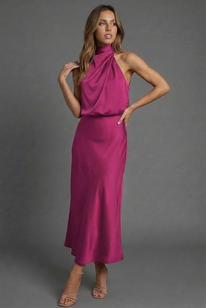 Halterneck Draped Satin Midi Dress — Sleeveless