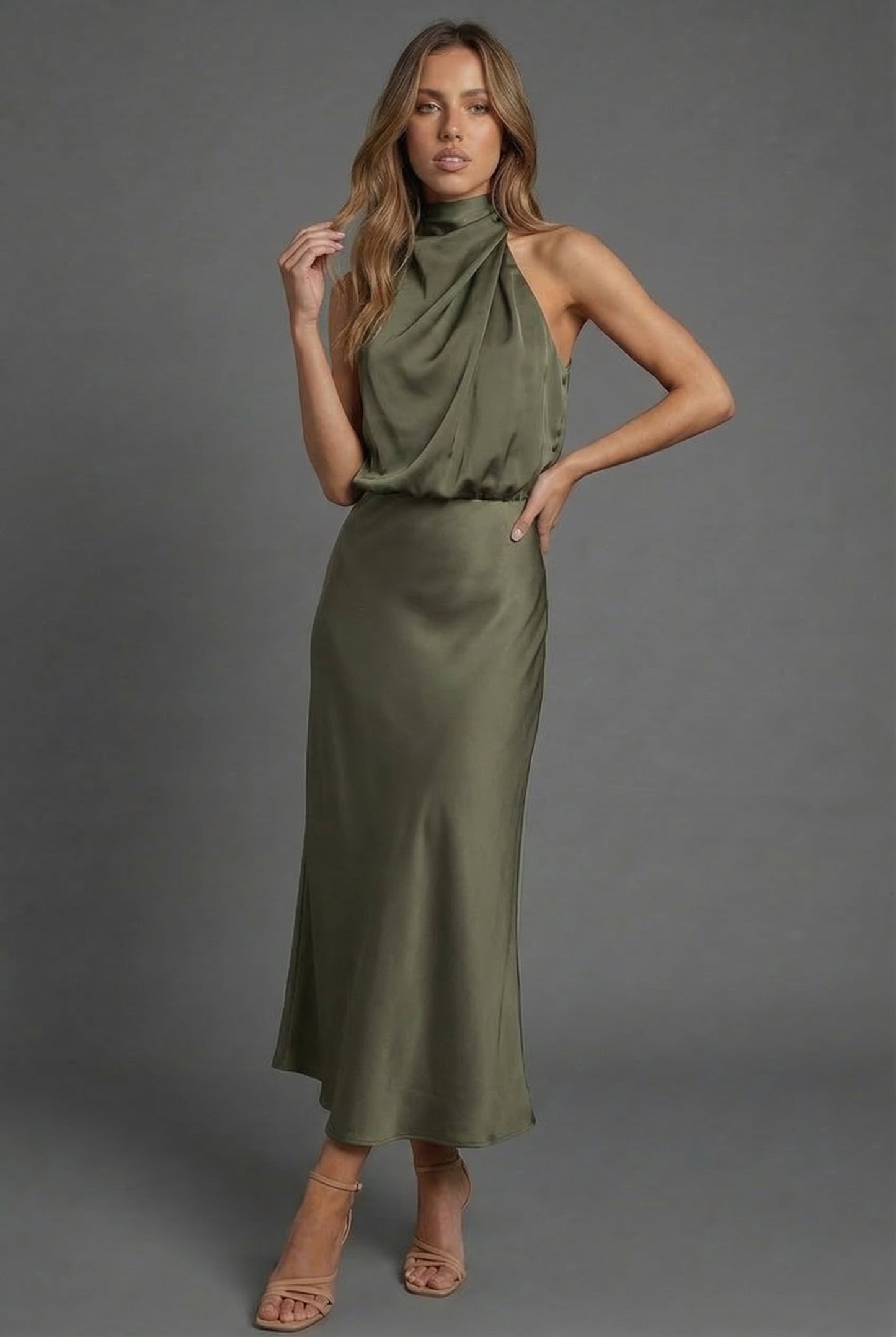 Halterneck Draped Satin Midi Dress — Sleeveless