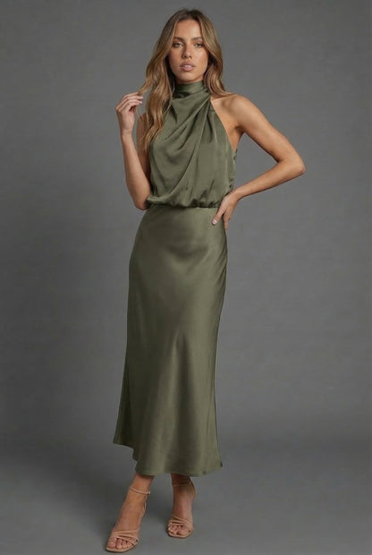 Halterneck Draped Satin Midi Dress — Sleeveless
