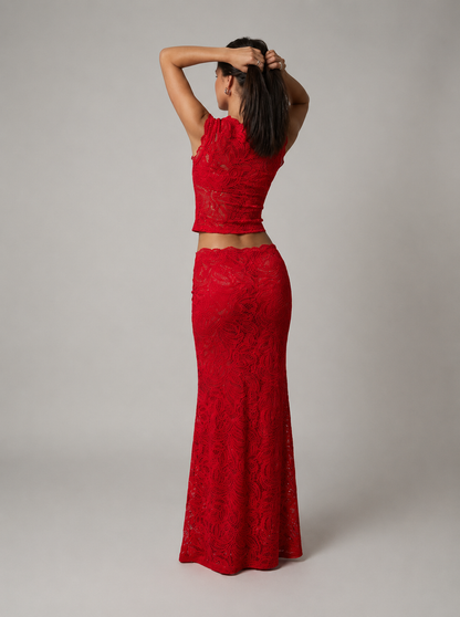 Floral Lace Crop Top and Maxi Skirt Sleeveless Two-Piece Set