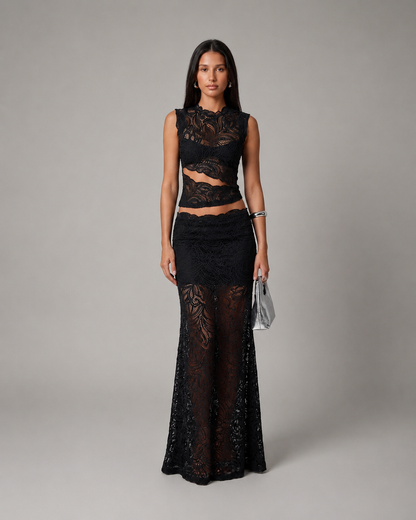 Floral Lace Crop Top and Maxi Skirt Sleeveless Two-Piece Set