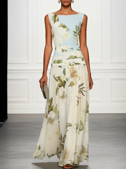 Boat Neckline Sleeveless Floral Maxi Dress