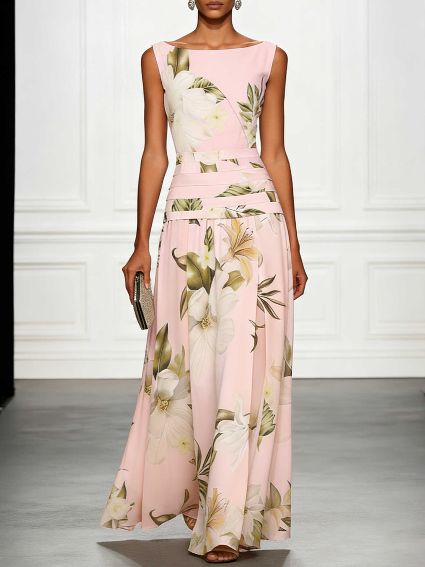 Boat Neckline Sleeveless Floral Maxi Dress