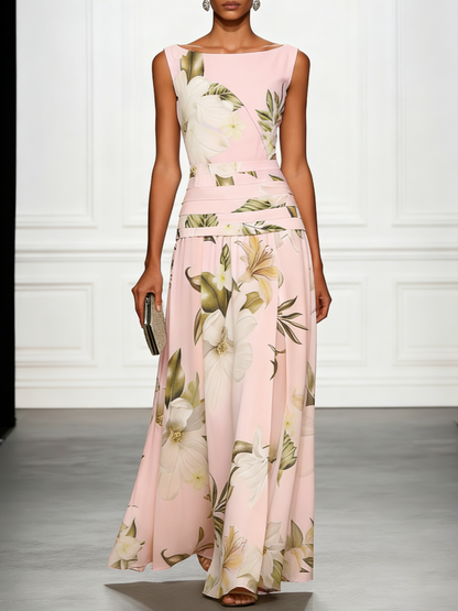Boat Neckline Sleeveless Floral Maxi Dress