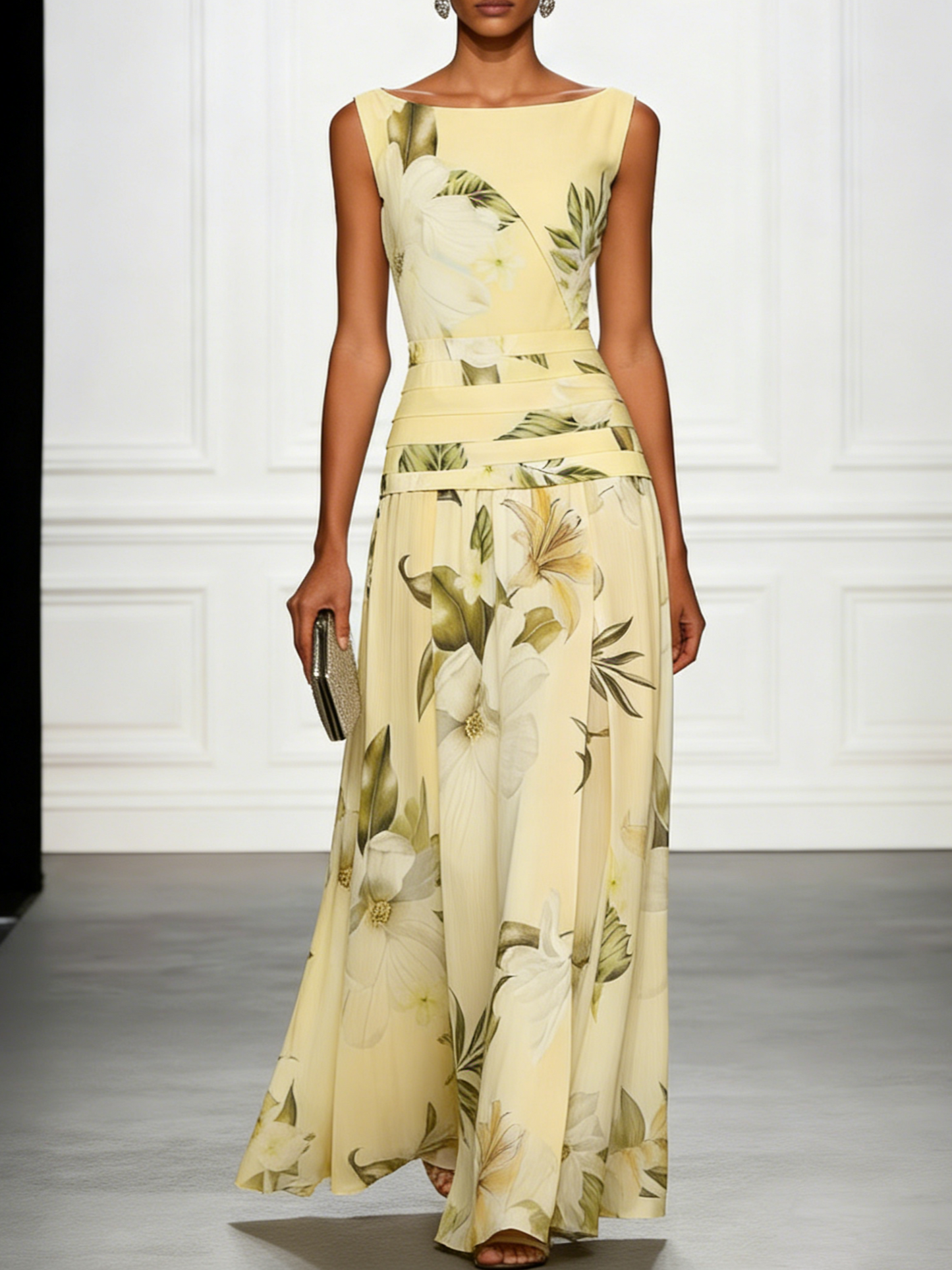 Boat Neckline Sleeveless Floral Maxi Dress