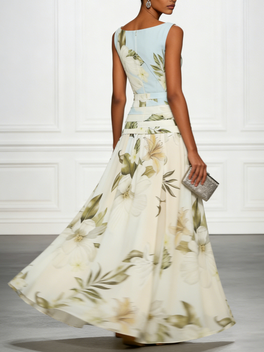 Boat Neckline Sleeveless Floral Maxi Dress