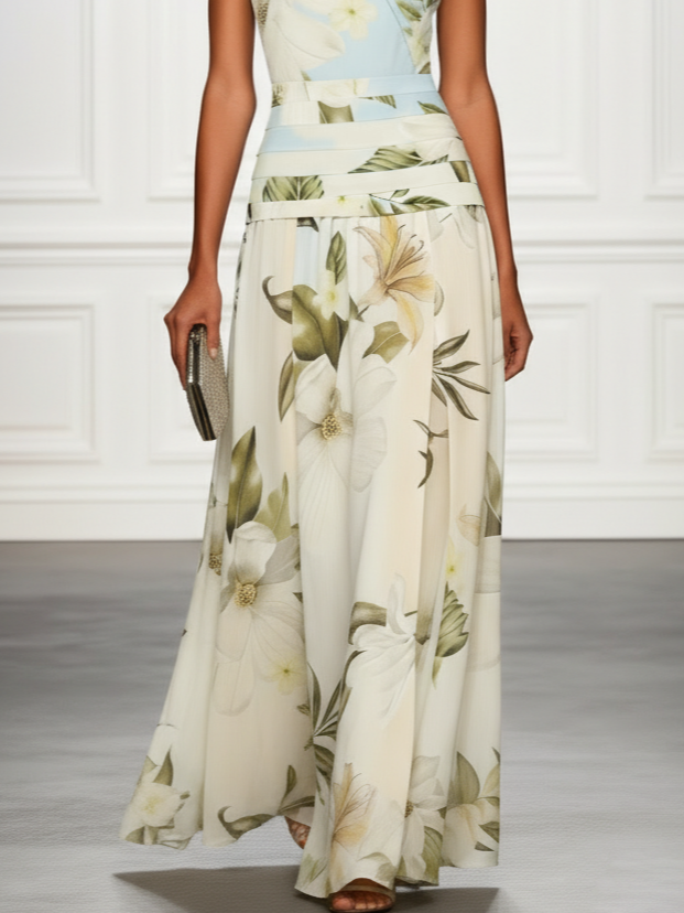Boat Neckline Sleeveless Floral Maxi Dress