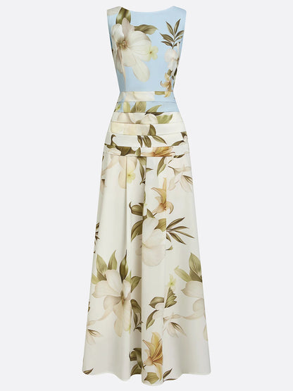 Boat Neckline Sleeveless Floral Maxi Dress
