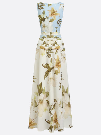 Boat Neckline Sleeveless Floral Maxi Dress