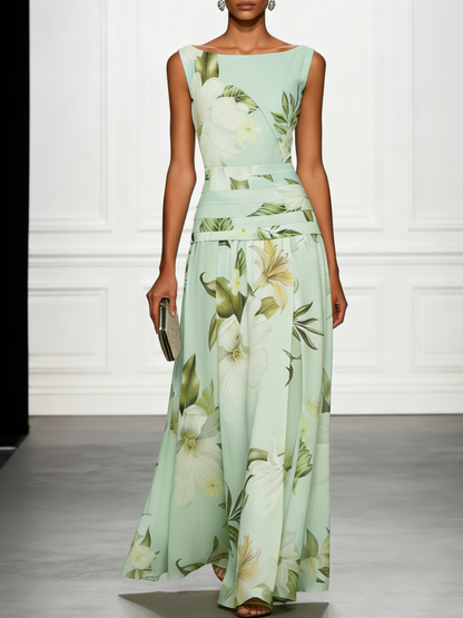 Boat Neckline Sleeveless Floral Maxi Dress