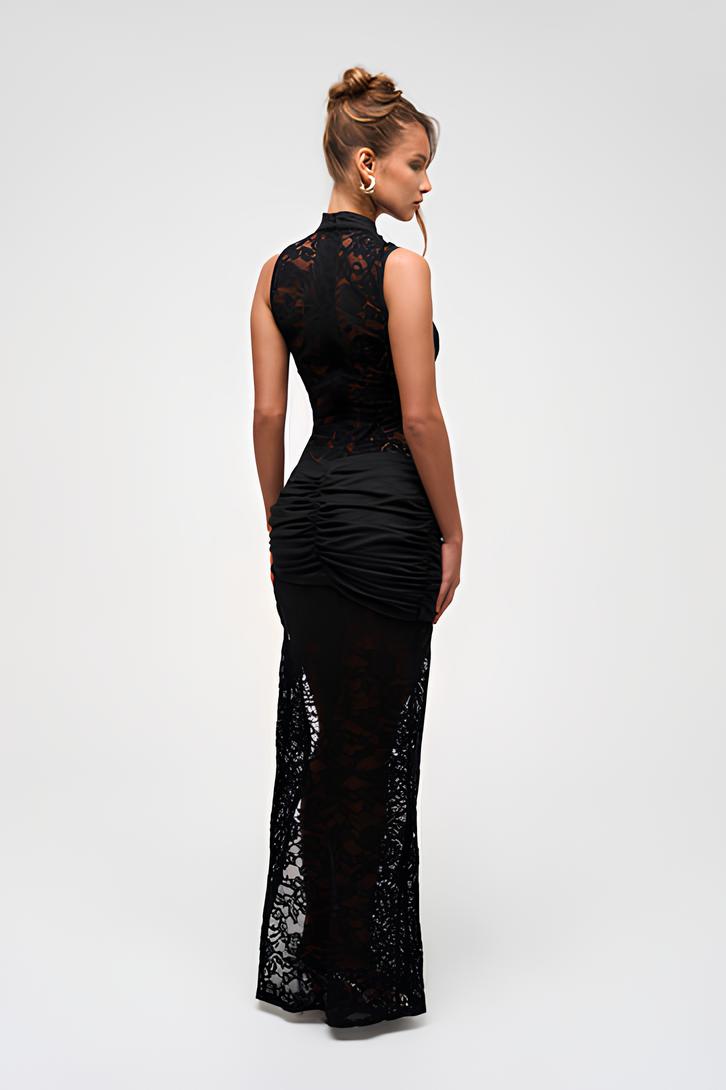 High Neck Lace Slit Evening Maxi Dress — Sleeveless