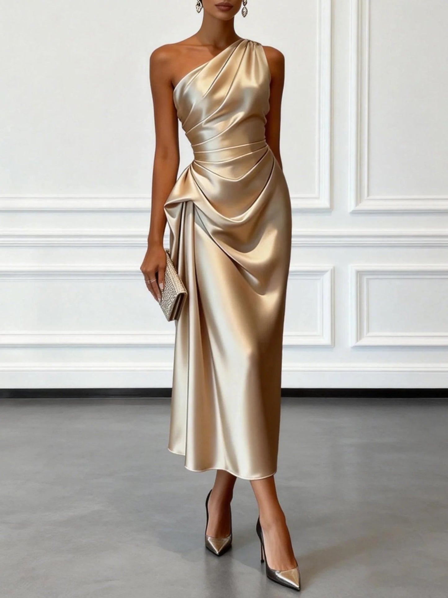One Shoulder Satin Midi Dress for Special Occasions