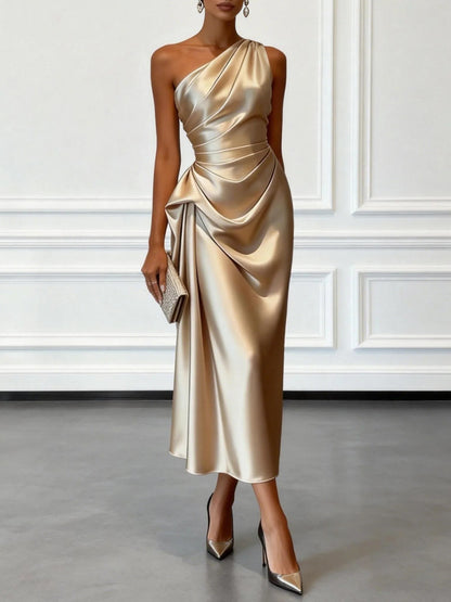 One Shoulder Satin Midi Dress for Special Occasions