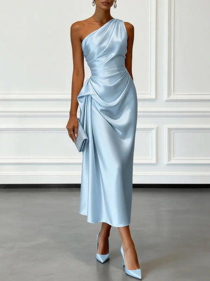 One Shoulder Satin Midi Dress for Special Occasions