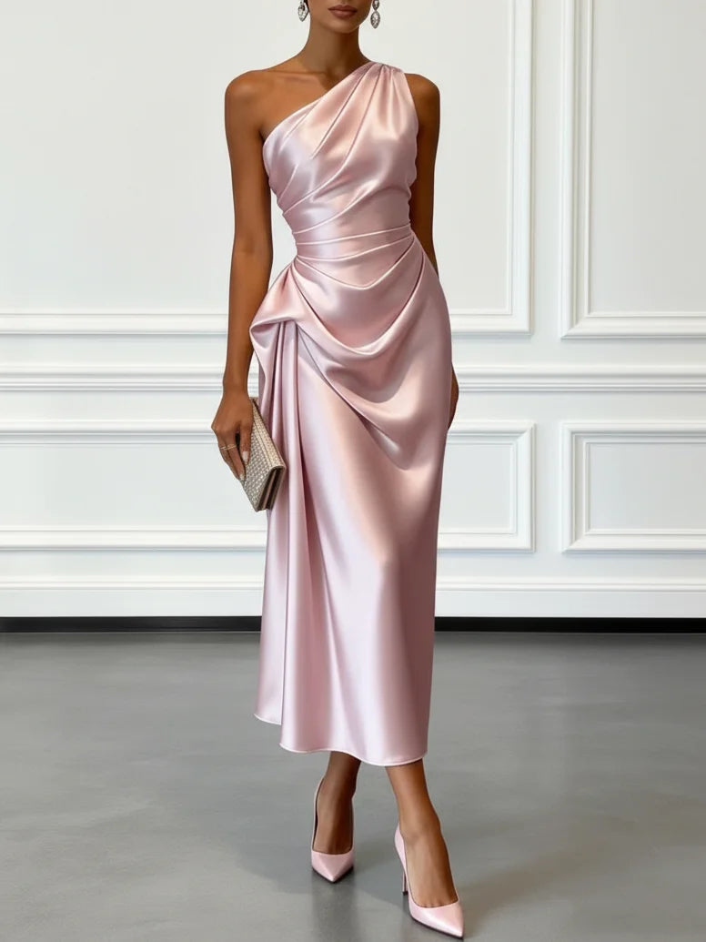 One Shoulder Satin Midi Dress for Special Occasions