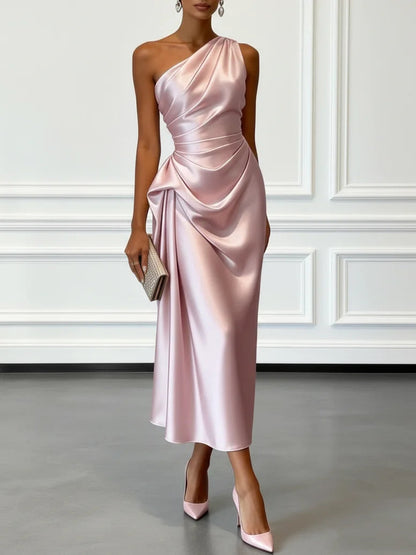 One Shoulder Satin Midi Dress for Special Occasions
