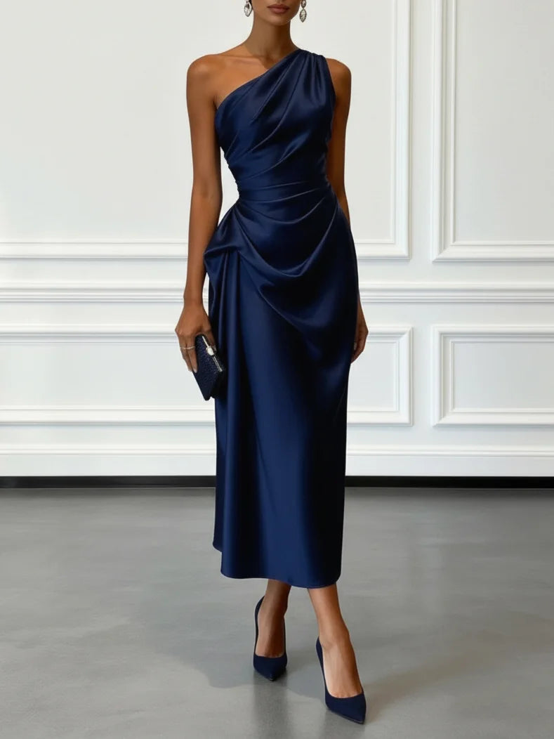 One Shoulder Satin Midi Dress for Special Occasions
