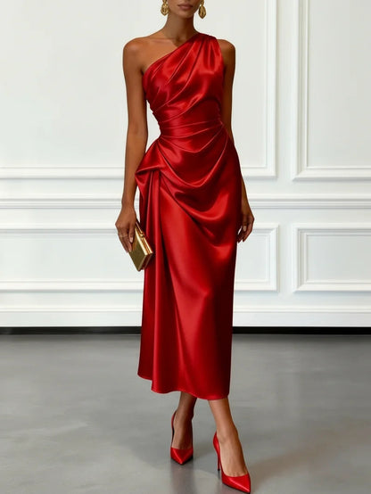 One Shoulder Satin Midi Dress for Special Occasions